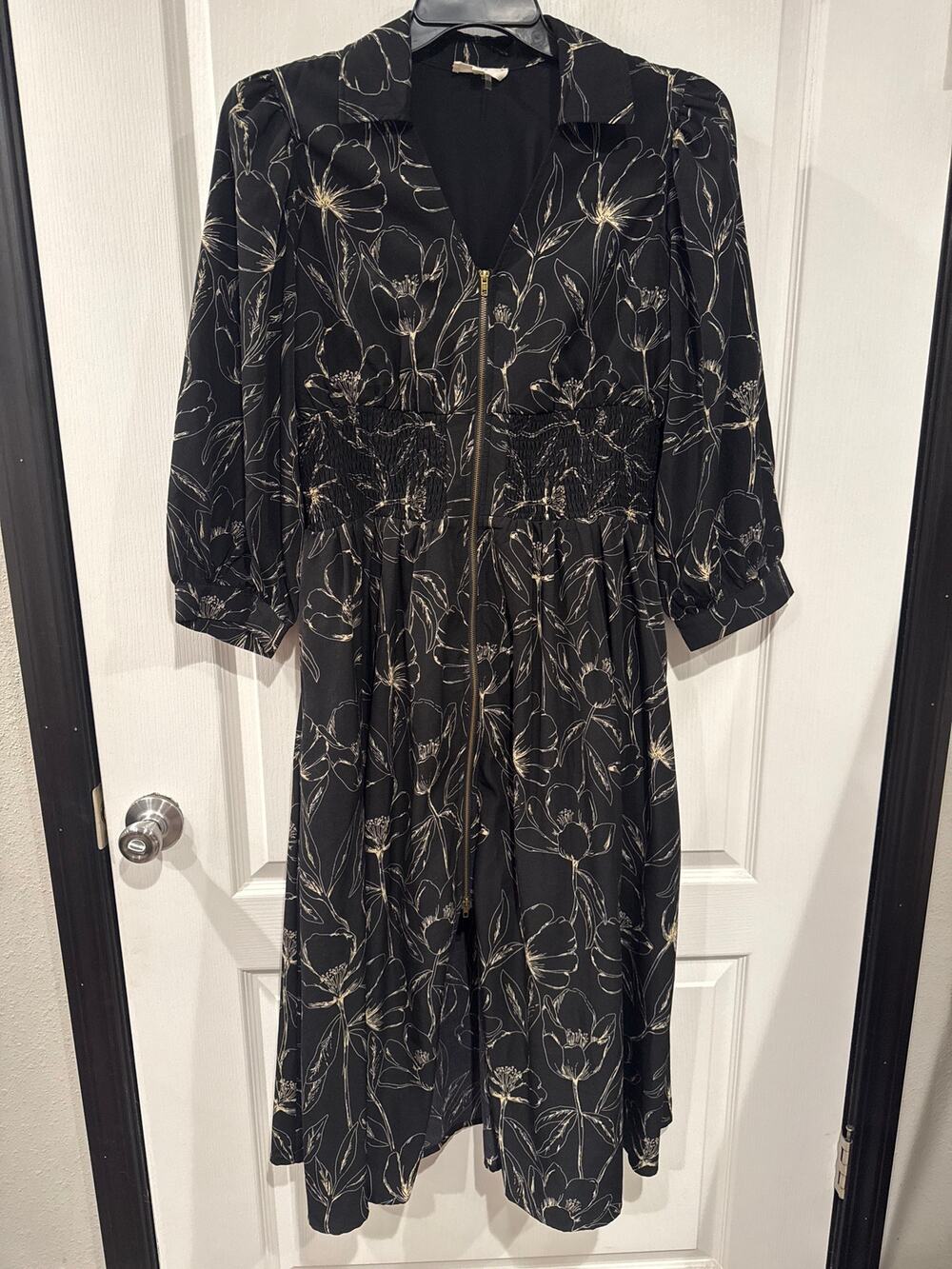 Entro Floral Midi Dress Large Black Gold Zip Front Smocked Waist Collared